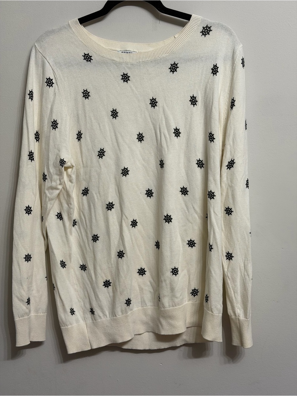 Old Navy Cream Crewneck Sweater with Navy Wheel Motif